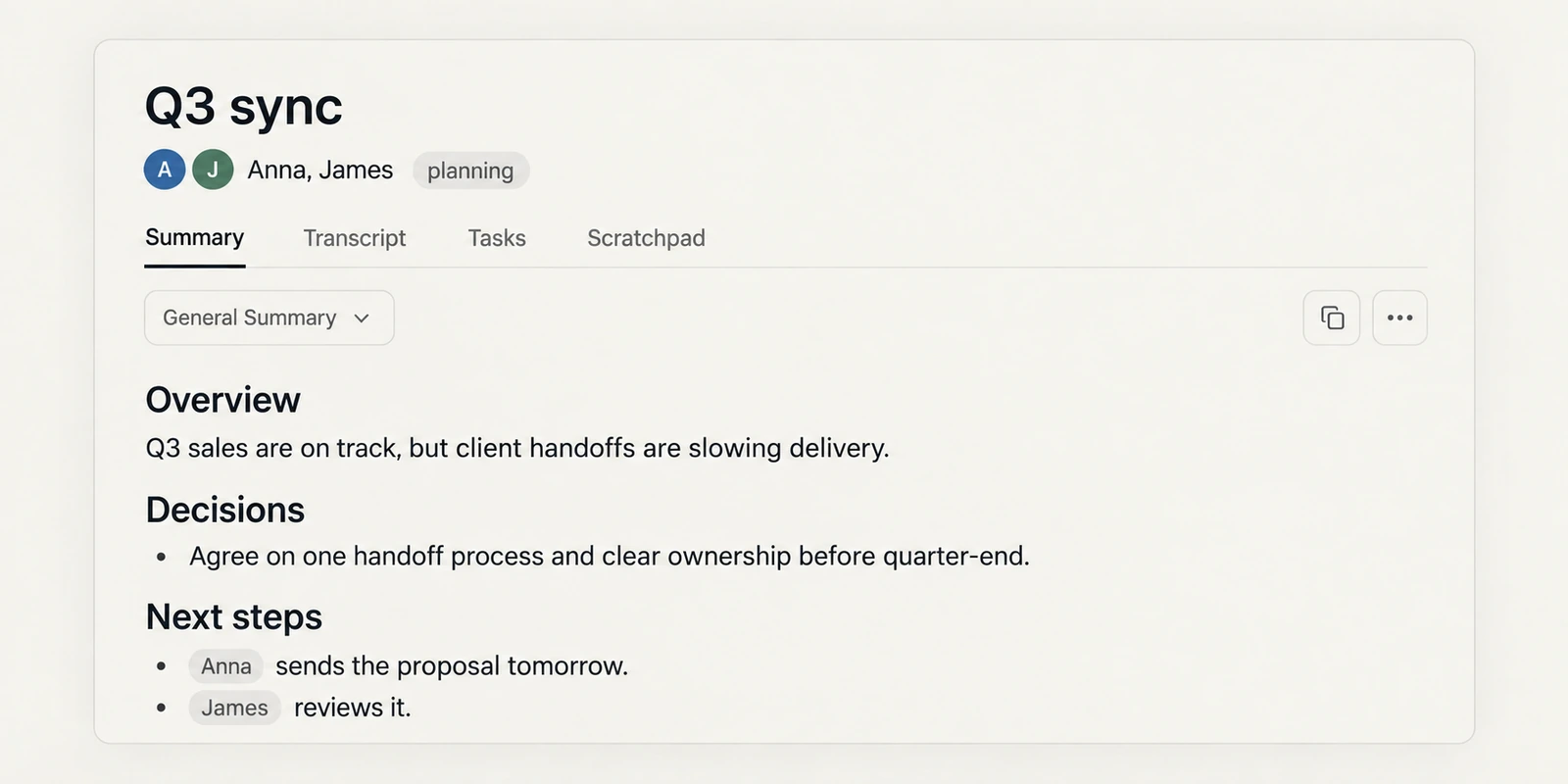Q3 sync summary with a client handoff decision and next steps assigned to Anna and James